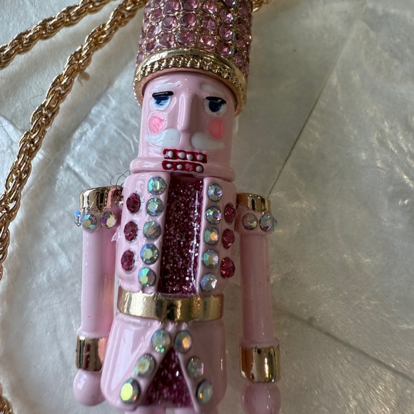 🎄Betsey Johnson Pink Nutcracker Movable Jointed Sparkly Long Necklace SEE VIDEO! - Picture 3 of 12